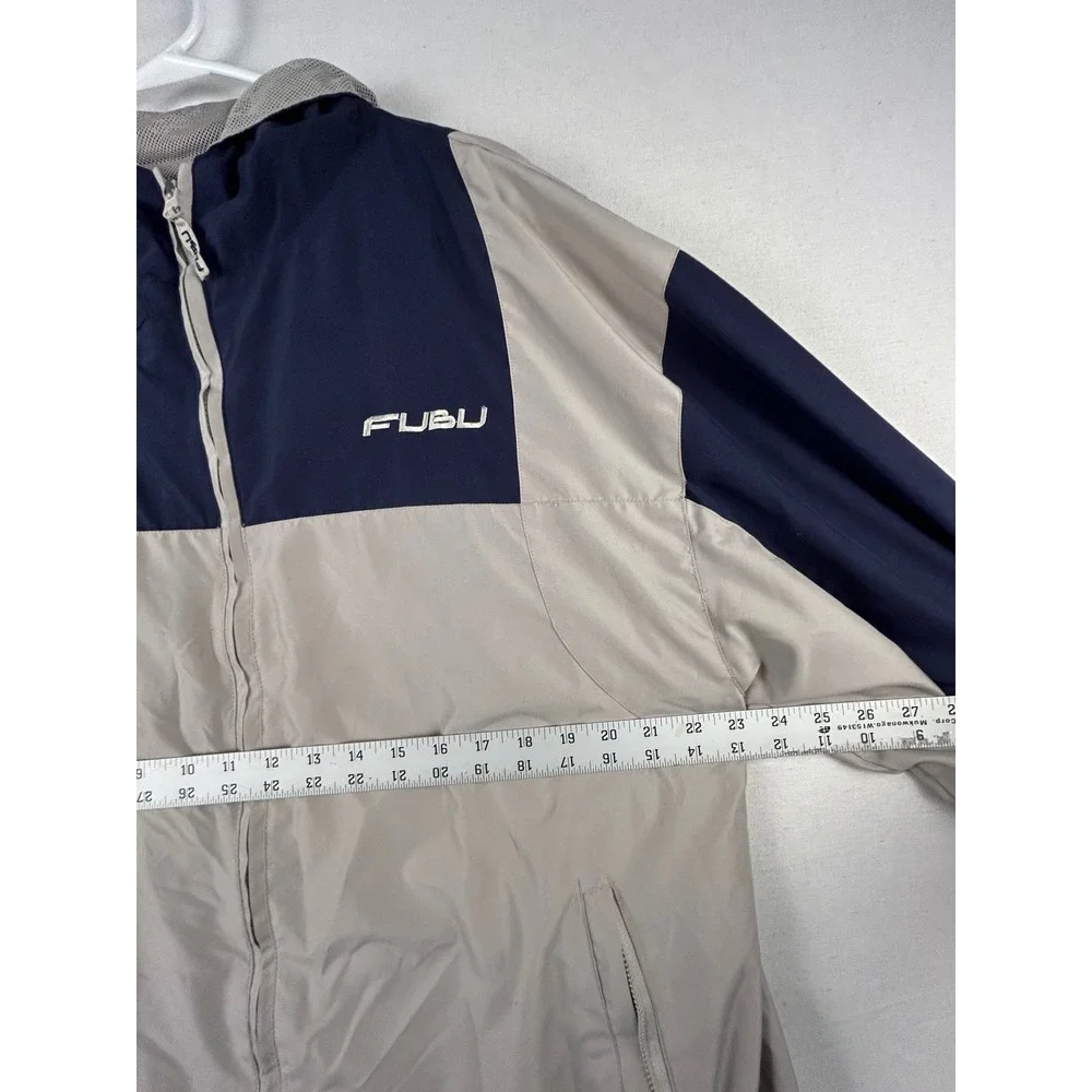 Vintage FUBU Windbreaker Jacket Mens Medium Grey Navy Blue Colorblock Full Zip